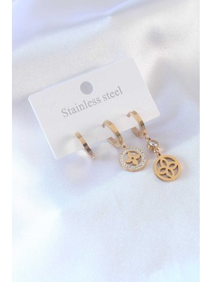 Mabelme Store 316L Çelik Gold Renk Çiçek Model Zirkon Taşlı Kadın Küpe