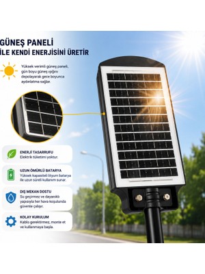 Badem10 Solar Güneş Panelli 50W Kumandalı LED Armatür Bahçe Balkon Teras Dış Mekan Aydınlatma Lambası