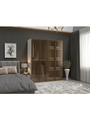 dolapmodellericom Bronz Cam Gardırop 4 Kapılı Içi Mdf Beyaz