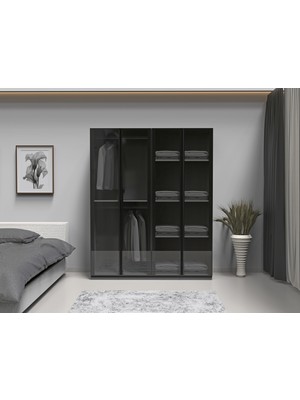 dolapmodellericom Siyah Camlı Dolap 4 Kapaklı Mdf
