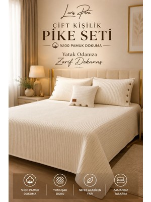 Larispera %100 Pamuk Çift Kişilik Pike-Yatak Örtüsü Seti Krem Örgü Desenli 2 Adet Yastık Kılıfı ve 1 Adet Kırlent Kılıfı