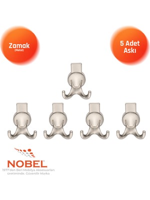 Nobel Solo Lüks Askı, Metal, Vestiyer Askı, 170 Gr, Dolap Askılık, Duvar Askılığı, Saten (Vidalı)5 Adet