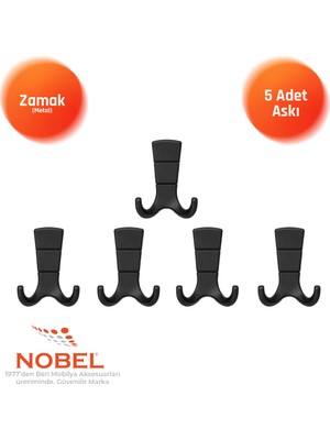 Nobel Mina Lüks Askı, Metal, Vestiyer Askı, 125 Gr, Dolap Askılık, Duvar Askılığı, Mat Siyah (Vidalı)5 Adet
