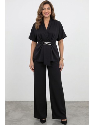 Zishan Fashion Kadın Büyük Beden Krep Saten Abiye Takım Ceket Pantolon 2'li Set - 36059