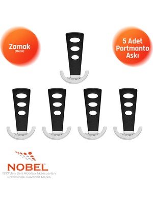 Nobel Bemol Lüks Portmanto Askı, Metal, Vestiyer Askı, 185 Gr, Dolap Askılık, Duvar Askılığı, Krom-Siyah (Vidalı)5 Adet