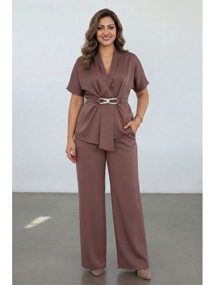Zishan Fashion Kadın Büyük Beden Krep Saten Abiye Takım Ceket Pantolon 2'li Set - 36059