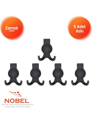 Nobel Solo Lüks Askı, Metal, Vestiyer Askı, 170 Gr, Dolap Askılık, Duvar Askılığı, Mat Siyah (Vidalı)5 Adet