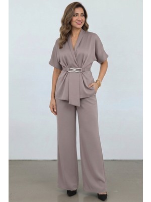 Zishan Fashion Kadın Büyük Beden Krep Saten Abiye Takım Ceket Pantolon 2'li Set - 36059
