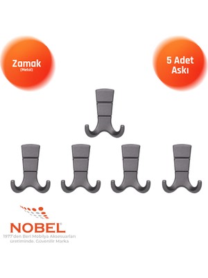 Nobel Mina Lüks Askı, Metal, Vestiyer Askı, 125 Gr, Dolap Askılık, Duvar Askılığı, Titanyum (Vidalı)5 Adet
