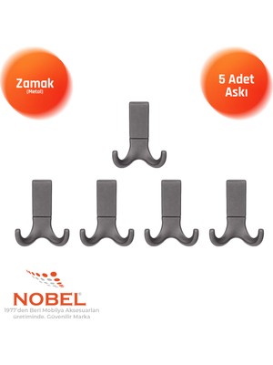 Nobel Best Lüks Askı, Metal, Vestiyer Askı, 121 Gr, Dolap Askılık, Duvar Askılığı, Titanyum (Vidalı)5 Adet