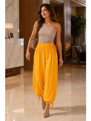 Neşeli Butik Kadın Sarı Bel ve Paça Ayarlanabilir Lastikli Sandy Kumaş Şalvar Pantolon NBPNT001