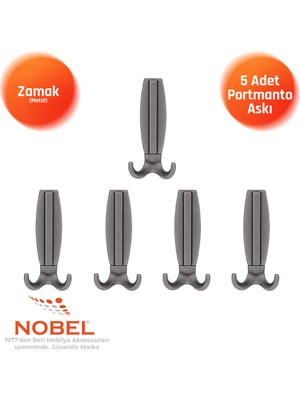 Nobel Best Lüks Portmanto Askı, Metal, Vestiyer Askı, 230 Gr, Dolap Askılık, Duvar Askılığı, Titanyum (Vidalı)5 Adet