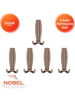 Nobel Best Lüks Portmanto Askı, Metal, Vestiyer Askı, 230 Gr, Dolap Askılık, Duvar Askılığı, Bronz (Vidalı)5 Adet