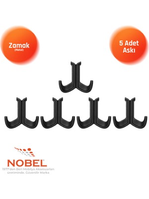 Nobel Marmaris Lüks Askı, Metal, Vestiyer Askı, 85 Gr, Dolap Askılık, Duvar Askılığı, Mat Siyah (Vidalı)5 Adet