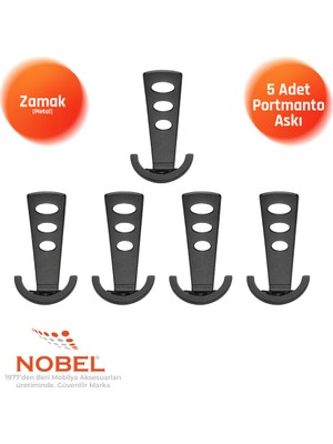 Nobel Bemol Lüks Portmanto Askı, Metal, Vestiyer Askı, 185 Gr, Dolap Askılık, Duvar Askılığı, Mat Siyah (Vidalı)5 Adet