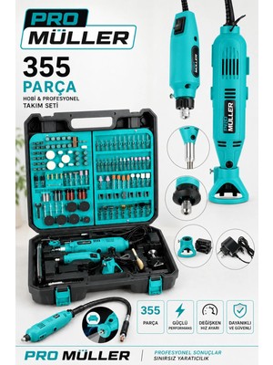 Pro Müller Alman Pro Seri Çok Amaçlı Devir Ayarli 355 Parça Hobi Gravür Seti El Motoru Usta Set