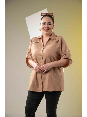 Roxxlen 3330315 Keten Gömlek Camel