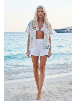 Lupinn Kadın Beyaz Desenli Plaj Gömleği Oversize Kısa Kollu Düğmeli Yazlık Kimono Mayo Üstü Gömlek Pijama