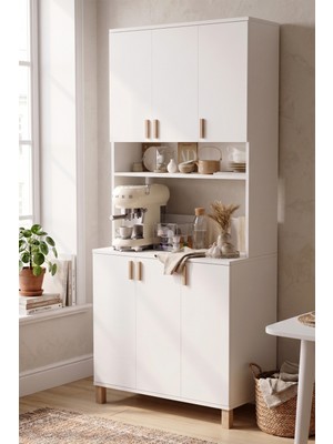 Yurudesign Oslo 45 cm Derinlik Çok Amaçlı Mutfak Dolabı Kahve Köşesi Kiler Erzak Airfry Dolabı Terek Beyaz OL13-W