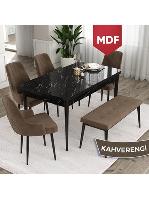 Canisa Concept Ram Serisi MDF 80 x 132 cm Mutfak Masa Takımı Siyah Mermer Desen Masa 4 Sandalye ve 1 Bench