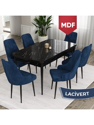 Canisa Concept Ram Serisi MDF 80 x 132 cm Açılabilir Masa Takımı,siyah Mermer Desen Masa 6 Sandalye