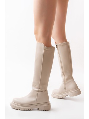 Zerenyus Knee-High Premium Bej Arkası Streç Fermuarlı Kadın Çizme