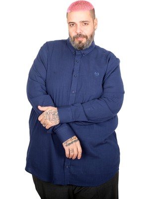 Mode Xl Büyük Beden Erkek Uzun Kollu Keten  Gömlek 20396 Indıgo