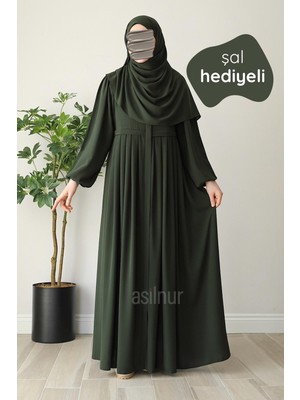 Asilnur Meva Pileli Ferace Şal Hediyeli Takım Haki