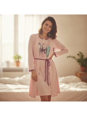 Bonbon Kadın Giyim Pembe Renk Baskılı Gecelik ve Sabahlıklı 2'li Takım BB2675