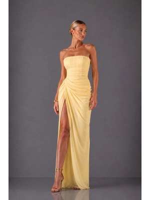 Lumina Butter Yellow Drapeli Abiye Elbise