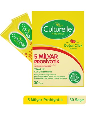 Culturelle Probiyotik 30 Saşe, 5 Milyar Probiyotik, C ve D Vitamini, Yüksek Lif, Doğal Çilek Aromalı, Çocuk ve Yetişkin, Kolay kullanım