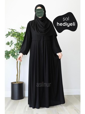 Asilnur Meva Pileli Ferace Şal Hediyeli Takım Siyah