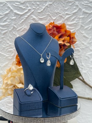 Livora Jewelry 925 Ayar Gümüş Mozanit Taşlı Damla Kesim Tektaş 3'lü Kadın Takı Seti