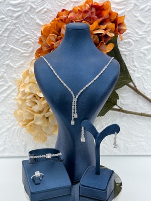 Livora Jewelry 925 Ayar Gümüş Baget Kesim Pırlanta Işçilikli Y Model 4'lü Gerdanlık Takı Seti