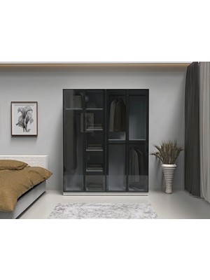 dolapmodellericom Cam Kapaklı Giysi Dolabı 4 Kapılı Ful Mdf