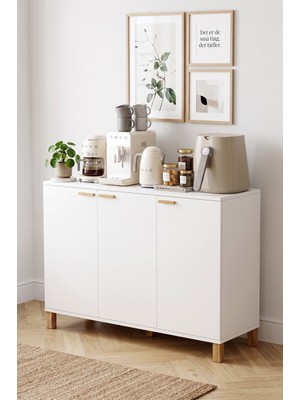 Yurudesign Oslo Ahşap Ayaklı 3 Kapaklı Çok Amaçlı Dolap Mutfak Konsolu Airfryer ve Kahve Köşesi Dolabı Beyaz OL16-W