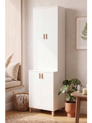 Yurudesign Oslo 45 cm Derinlik 4 Kapaklı Dar Alan Çok Amaçlı Mutfak Kiler Erzak Dolabı Terek Beyaz OL12-W