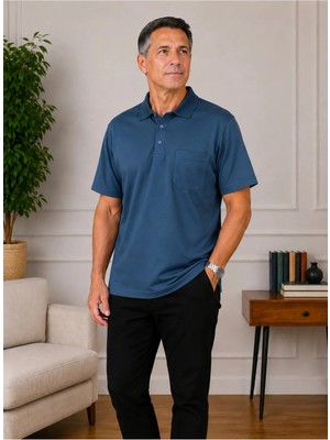 BURSPA Rahat Kesim Yakalı Cepli Erkek Baba Indigo Mavi Yazlık T-Shirt