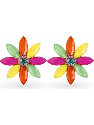 Serelya Karışık Renk Kristal Taşlı Lotus Çiçek Model Kadın Küpe