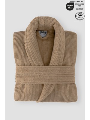Ellaline Bej Çizgili Bornoz %100 Sertifikalı Pamuk Şal Yaka Unisex Banyo Bornoz / Sabahlık 340 Gr/m2