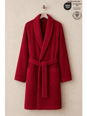 Ellaline Bordo Çizgili Bornoz %100 Sertifikalı Pamuk Şal Yaka Unisex Banyo Bornoz / Sabahlık 340 Gr/m2
