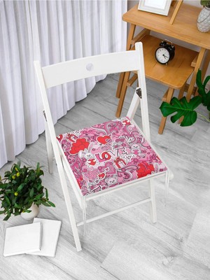 Rem Home Remhome Pembe Zeminli Love You Temalı Modern Fermuarlı Sandalye Minderi