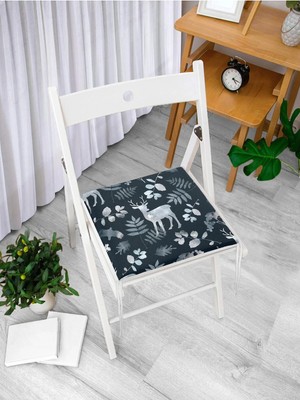 Rem Home Remhome Lacivert Zeminde Geyik ve Yaprak Motifleri Dijital Baskılı Fermuarlı Sandalye Minderi