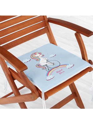 Rem Home Remhome Mavi Zeminde Bisiklet ve Unicorn Tasarımlı Modern Fermuarlı Sandalye Minderi