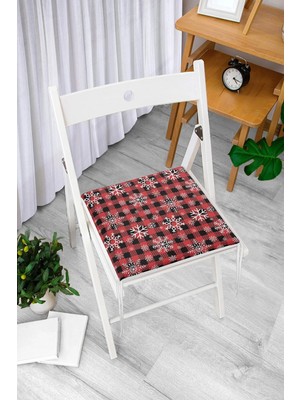 Rem Home Remhome Kırmızı Ekose Desenli Kar Tanesi Motifli Dijital Baskılı Modern Fermuarlı Sandalye Minderi