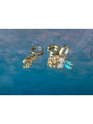 Stainless Steel 3'lü Çelik Küpe Seti - Deniz Kabuğu ve Ahtapot Figürlü Taşlı Küpe - Hediye Küpe