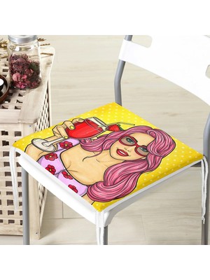 Rem Home Remhome Sarı Zeminli Popart Girl Desenli Fermuarlı Sandalye Minderi