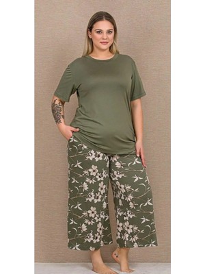 Yare Haki Çiçekli Kapri Büyük Beden Pijama Takımı