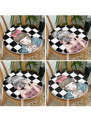 Rem Home Remhome 4'lü Damalı Zeminde Pop-Art Kız Tasarımlı Yuvarlak Fermuarlı Sandalye Minderi Seti