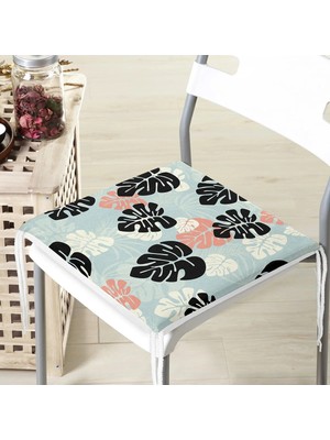 Rem Home Remhome Renkli Zemin Üzerinde Siyah Yaprak Desenli Dijital Baskılı Modern Fermuarlı Sandalye Minderi